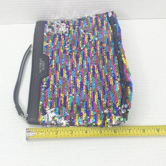 Victoria's Secret Rainbow Sequins Faux Leather Zip Up Clutch Cosmetic Bag Pouch - Picture 6 of 7